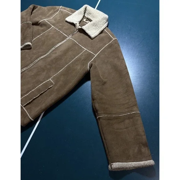 Vtg Aeropostale Faux Suede Leather Jacket Sherpa Lined Men's Large Brown 90s Y2K